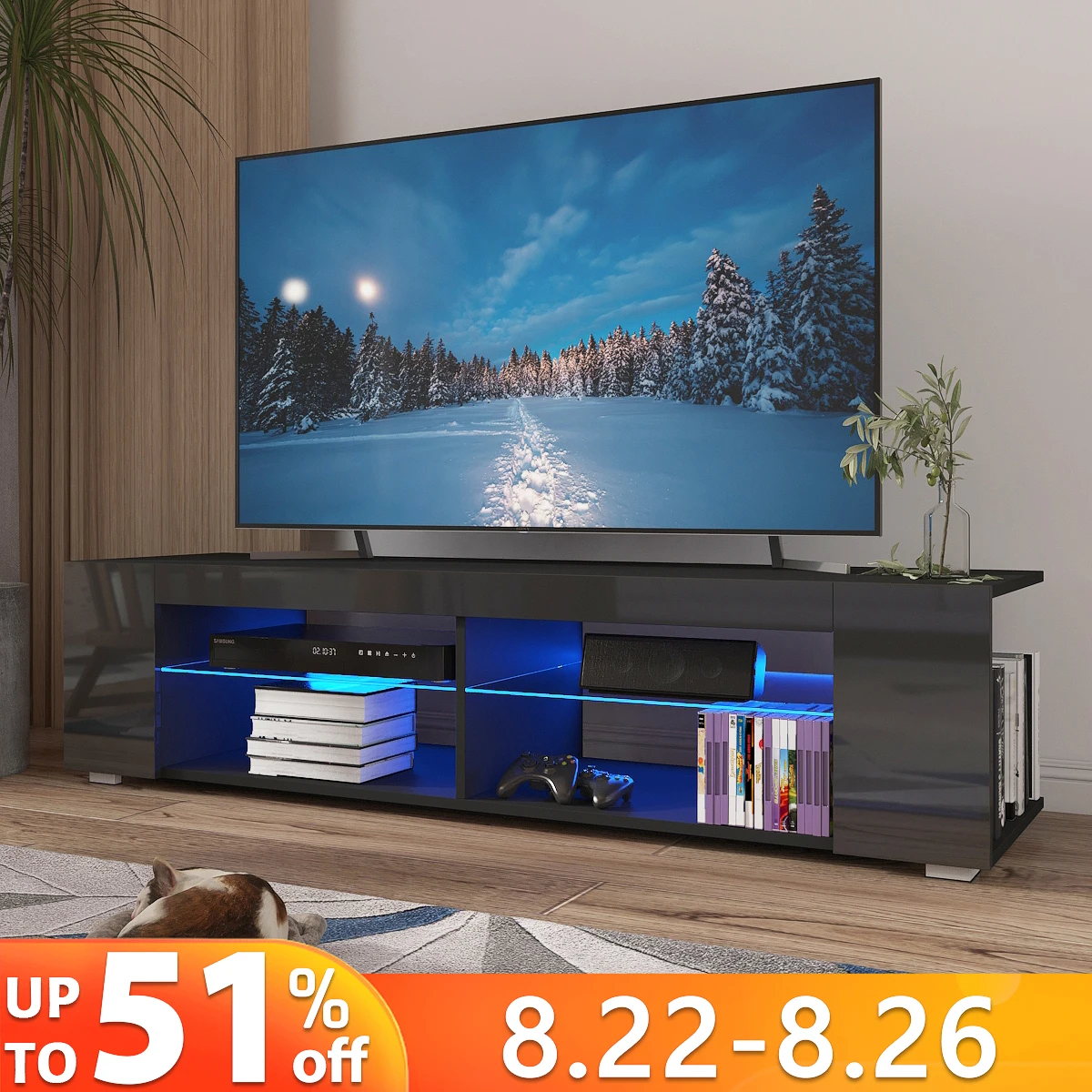 

High Gloss Modern TV Stand With LED Light 4-Shelf Bookshelves Console Cabinet Home Office TV bracket Living Room Furniture