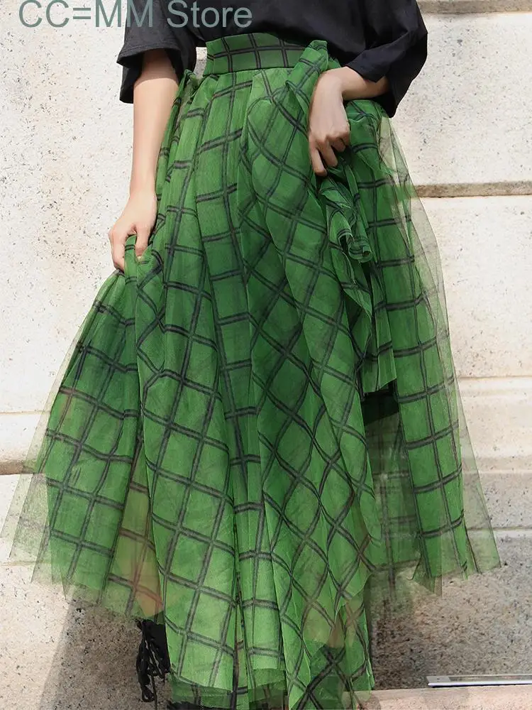 

New Women Green Plaid Print Skirt Spring Fashion Asymmetric Elastic Waist Streetwear A-line Mid-calf Skirt Famale
