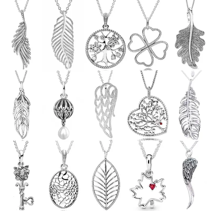 

100% 925 Sterling Silver Oak Leaf Cut-out Heart With Life Majestic Light As A Feather Necklace Fit Fashion Charm Trendy Jewelry