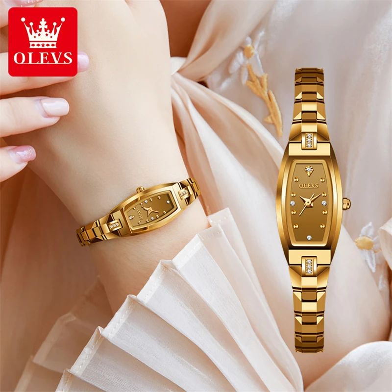 OLEVS Tungsten Steel Gold Womens Watches Top Brand Luxury Diamond Quartzn Watch Bracelet Set Elegant Female Watches for Womens