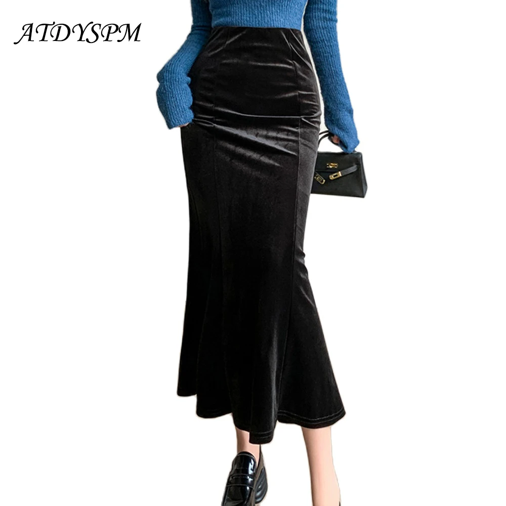 

Осенне-зимние винтажные бархатные черные кофейные юбки-годе 2023, модные женские элегантные повседневные облегающие велюровые юбки с высокой талией и запахом