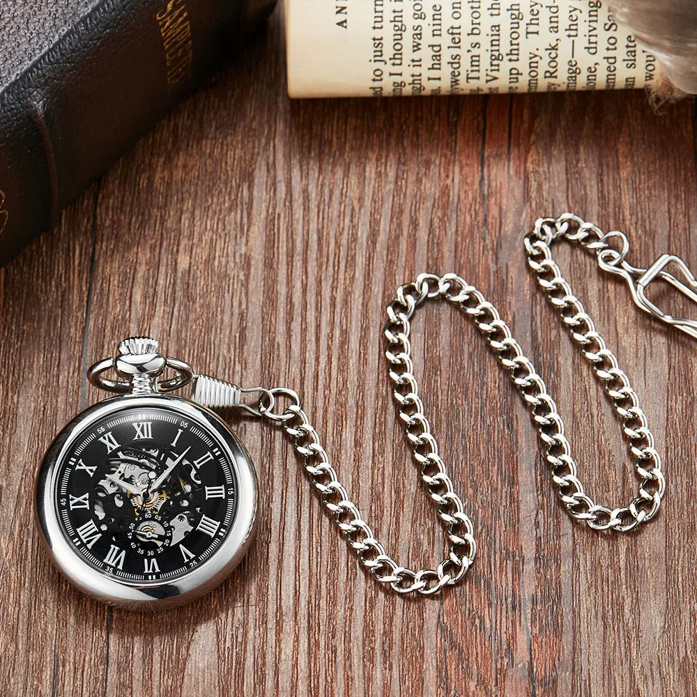 Silver Carved Steampunk Smooth Mechanical Pocket Watches Men Women Fashion Luxury Hand Wind Necklace Pocket & Fob Watch Chain