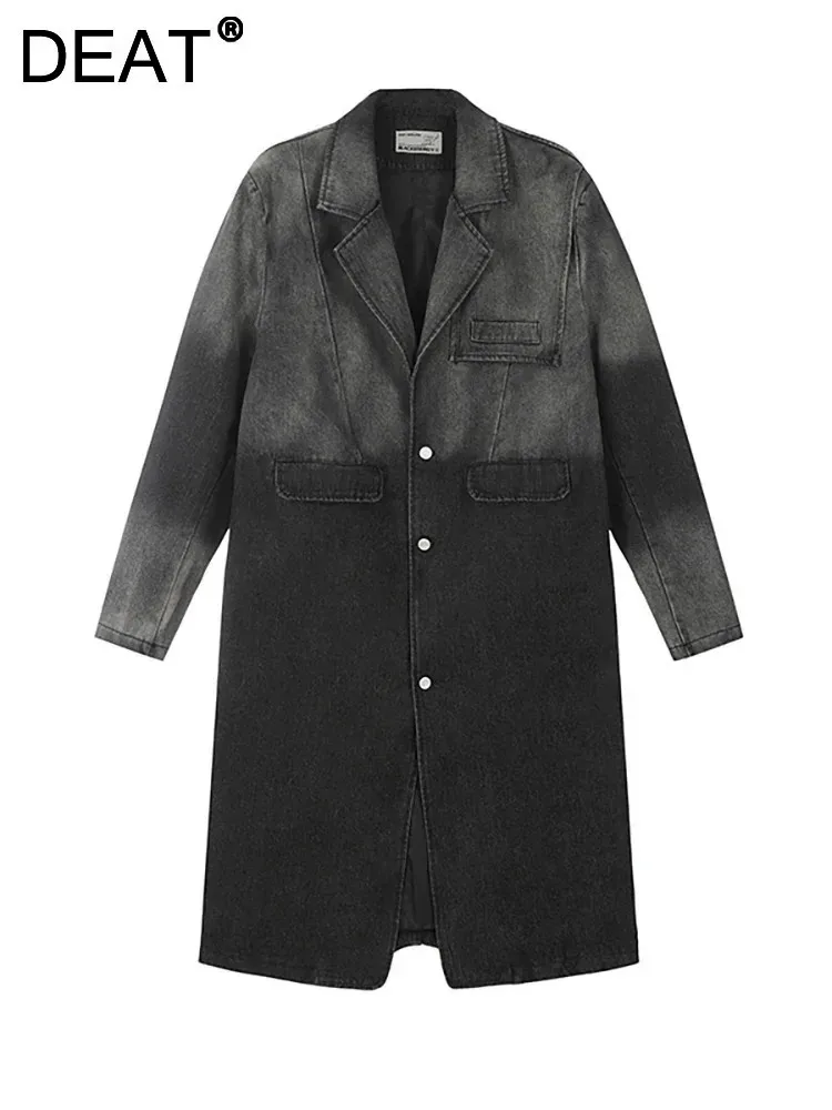 DEAT женский джинсовый плащ с зубчатым воротником свободный однобортный стираный