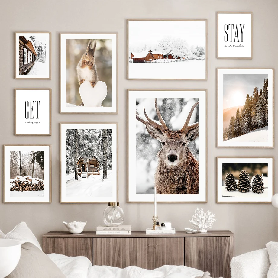 

Winter Snow Pine Forest Home Elk Squirrel Wall Art Canvas Pictures Nordic Posters And Prints Wall Painting For Living Room Decor