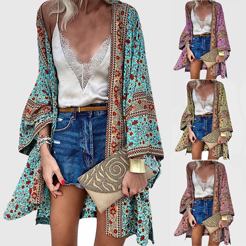 

Women Cardigan Summer Open Front Bohemian Floral Printed Blouse Kimono Casual Loose Beach Tops Vintage Long Sleeve Blusas