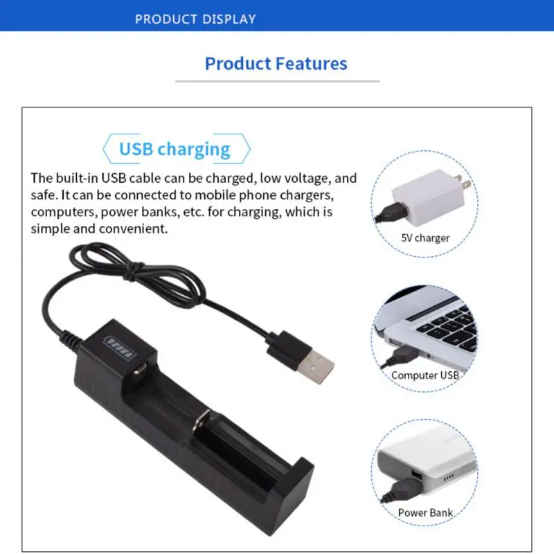 

Universal 1 Slot 18650 Battery Charger LED Intelligent Fast Charger USB Lithium Battery Charger Intelligent IC Control