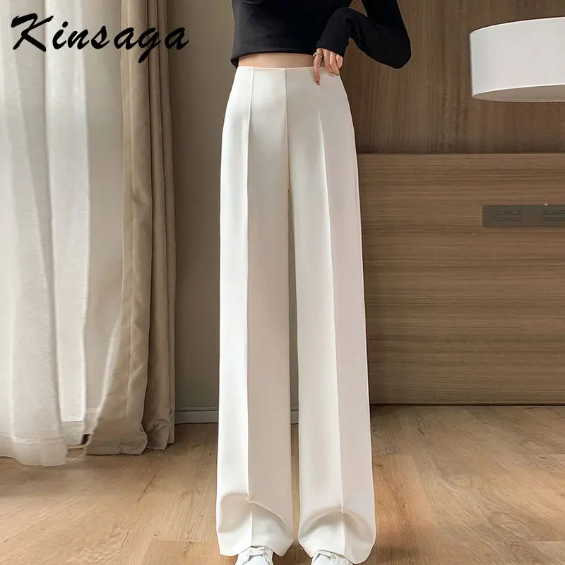 

Elegant White High Waist Zipper Fluid Suit Pants Women Korean Fashion Wide Leg Palazzo Straight Mopping Trousers Casual Black