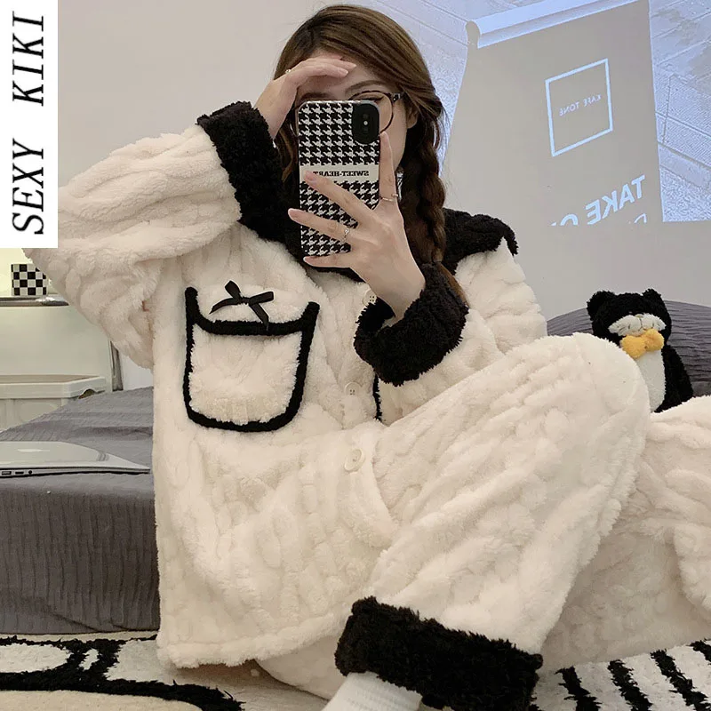 Cute princess style coral fleece pajamas women's winter thickened plus velvet long-sleeved autumn and winter suit home service