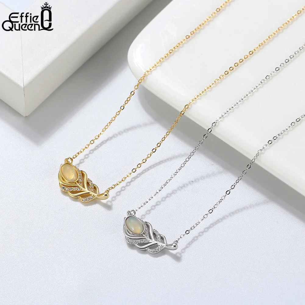 Effie Queen Genuine Gemstone Natural Opal Necklace Soild 925 Silver Feather Pendant 14K Gold Plated Women Jewelry GMN02 |