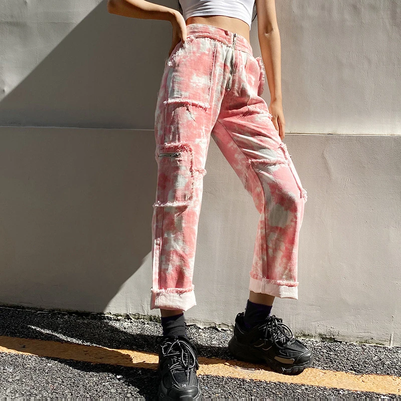 

2022 New fashion Hip hop Zipper pants Tie Dye Jeans Women Pocket High Waist Denim Pants Casual Fashion Long Trousers Streetwear