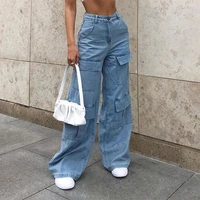 women 90s y2k patchwork wide leg mom jeans big pocket cargo pants vintage mopping pants casual streetwear boyfriend denim jeans