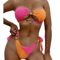 fs womens contrast color strapless bkinis set swimsuits two piece swiming wear suits swimwear women sexi crystal rhinestone