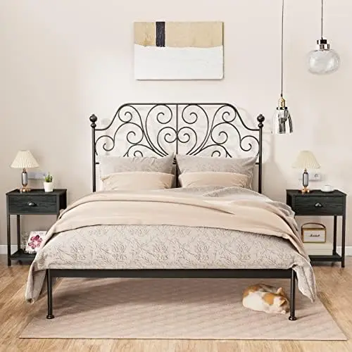 

Set of 2, Industrial End Table with Fabric Drawer and Storage Shelf, Retro Bedside Tables Organizer, Side Table for Living Room