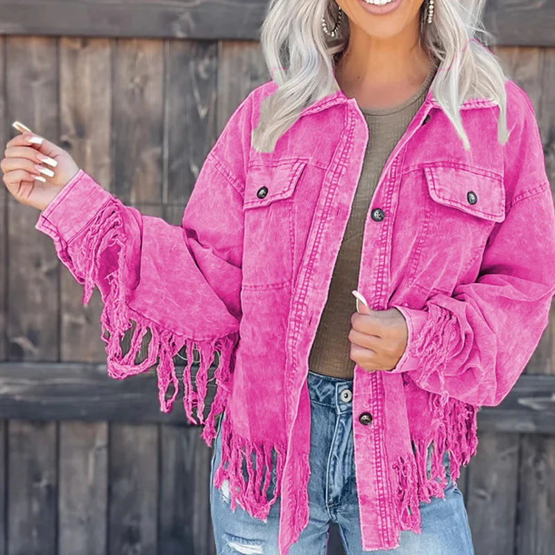 

Fashion Tassel Design Women Denim Jackets Casual Office Long Sleeve Button Solid Coat Tops Ladies Spring Autumn Slim Outwear