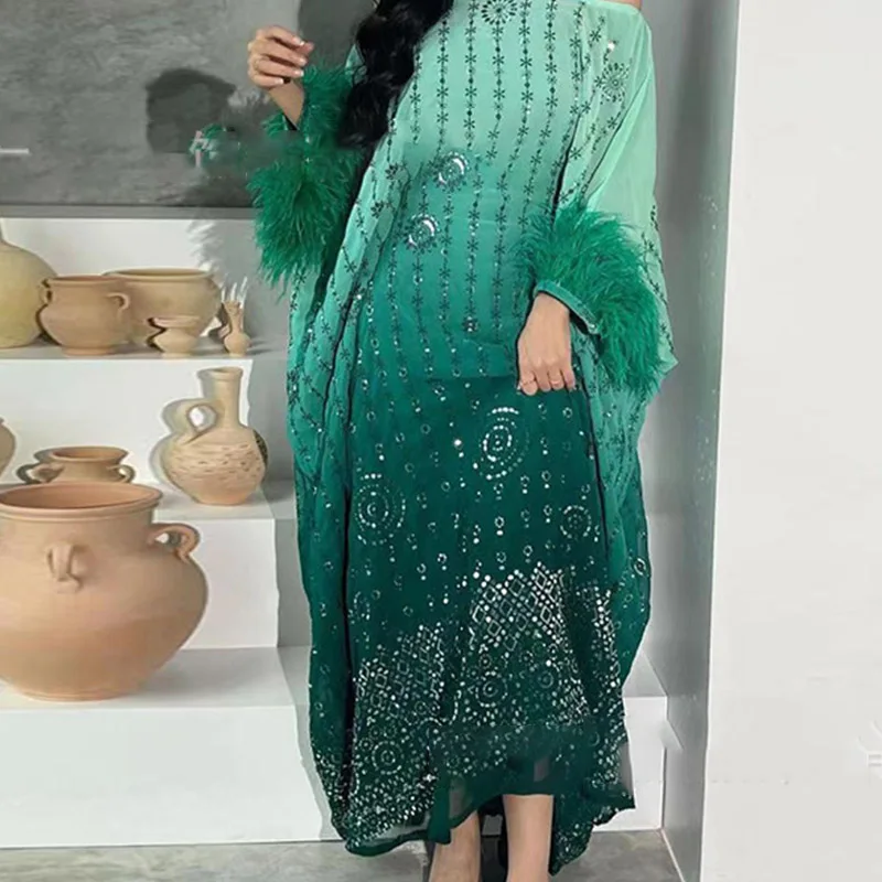 

Fashion New Loose Stitching Feather Sleeve Dress Elegant Print Banquet Dress Sexy Slash Neck Ladies Sequins Pattern Party Dress