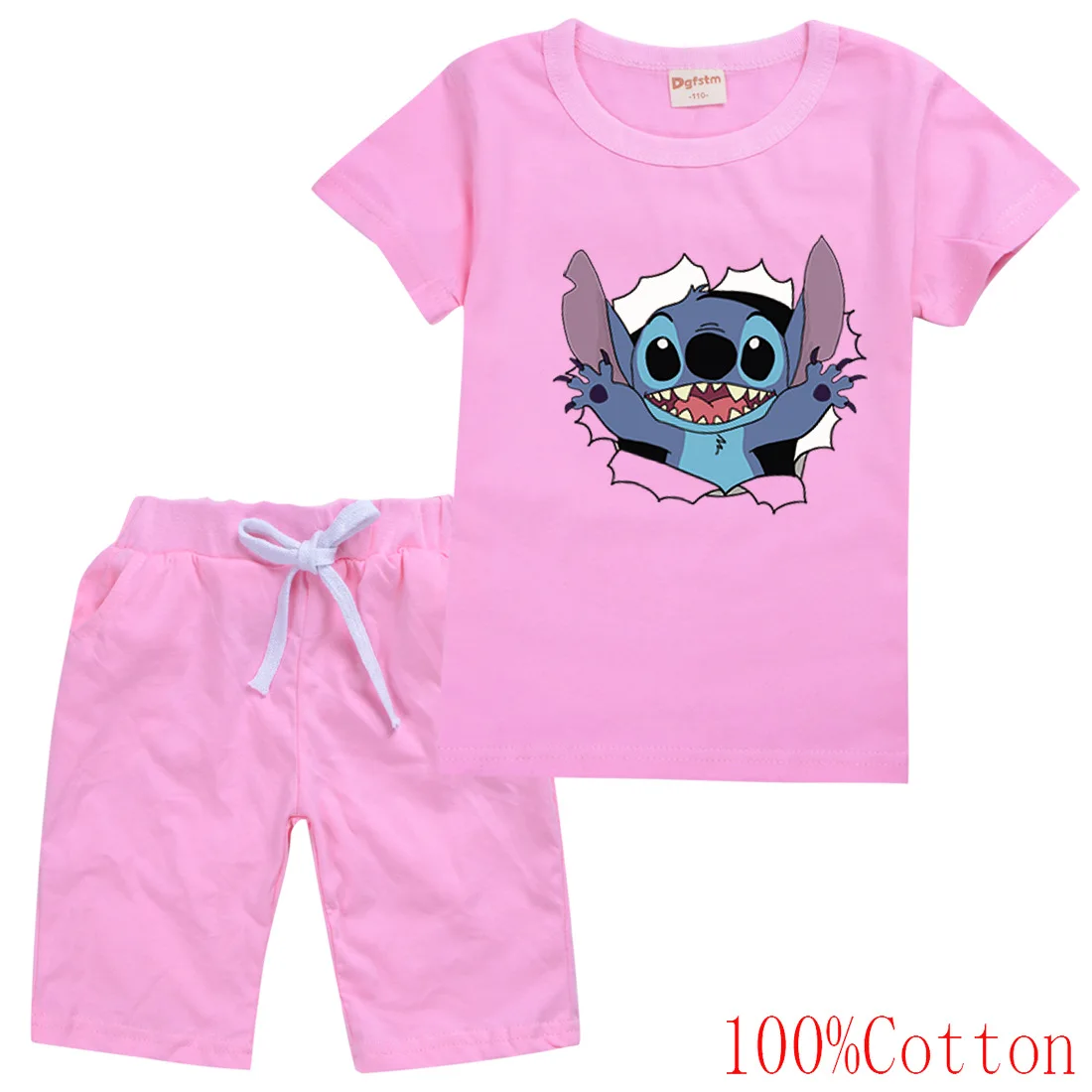 

2022 Disney Stitch Summer Cartoon Print Cotton Baby Girl Boy Top + Pants 2 Piece Kids Clothes Casual Set 2-16Y
