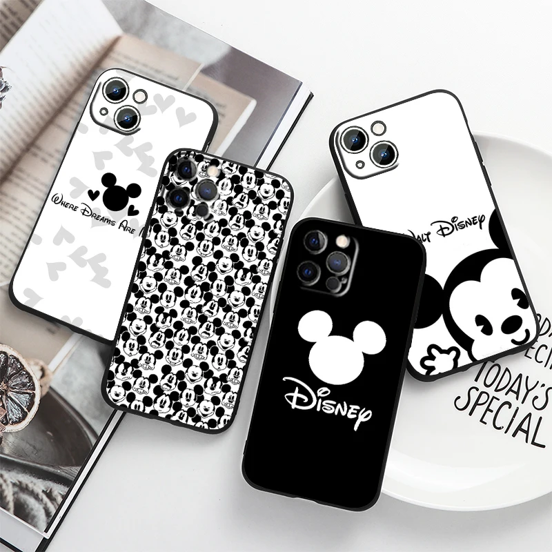 

Mickey black and white For Apple iPhone 14 13 12 11 Pro Max Mini XS Max X XR 6S 6 7 8 Plus 5S SE2020 Soft Black Phone Case Cover