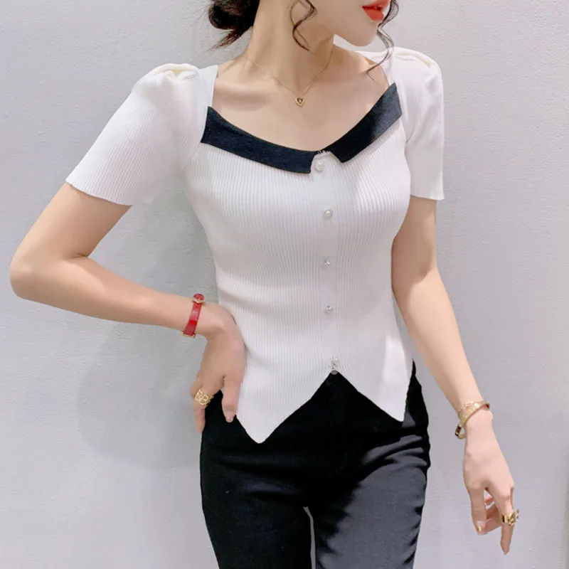 

#6220 Black White Knitted T Shirt Women Square Collar Buttons Sexy Tight T Shirt Female Short Irregular Knitwear T-shirt Summer
