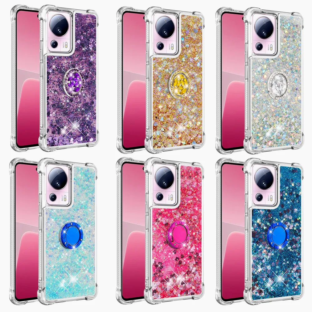

Case for Xiaomi 13 Lite 5G Funda Transplant Liquid Quicksand Glitter Phone Case for Xiaomi 13lite Bling Ring Stand SoftTPU Cover