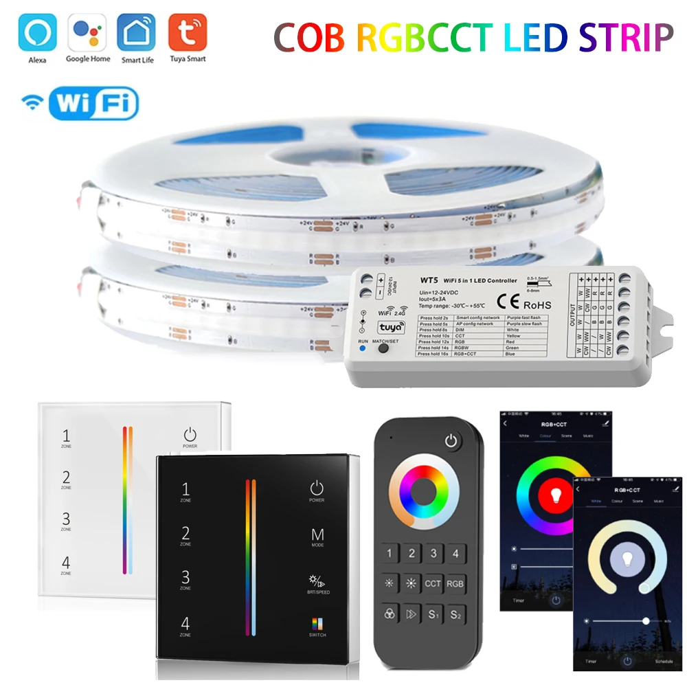 Светодиодная лента COB RGBCCT, 6 контактов, 840 светодиодов/м, 24 В постоянного тока, фт5, Wi-Fi, WZ5, Zigbee, 5 в 1, светодиодный контроллер, 2,4 ГГц, Радиочастотный пульт дистанционного управления, работает с Alexa Google
