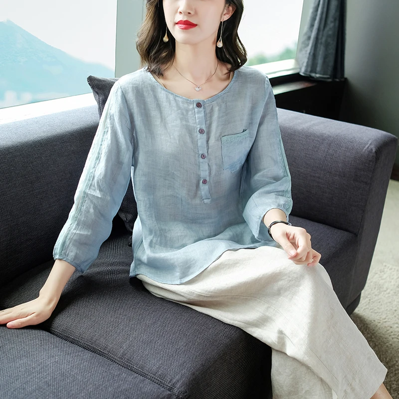 

COIGARSAM Shirt Womens Tops Spring 2022 New Three Quarter Sleeve Pink Light Blue Women Shirts Dropshipping