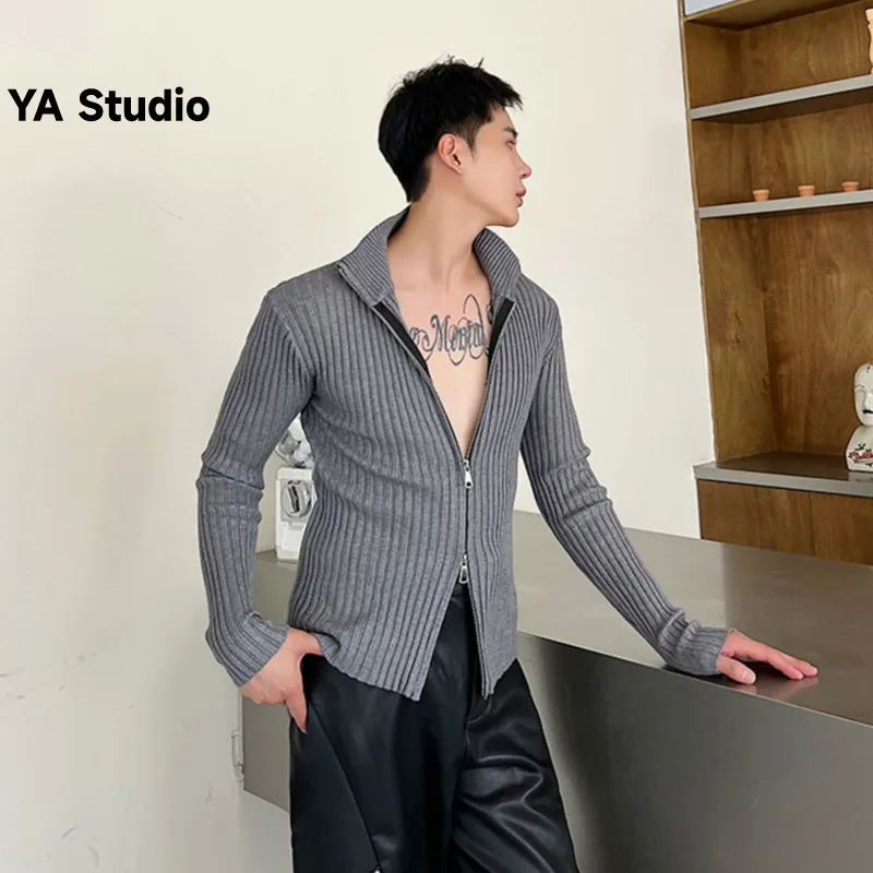 

[YA Studio] Spring And Autumn New Double Zipper Cardigan Sweater Sweater Jacket Male Korean Slim Slim Casual Sweater Tight Top