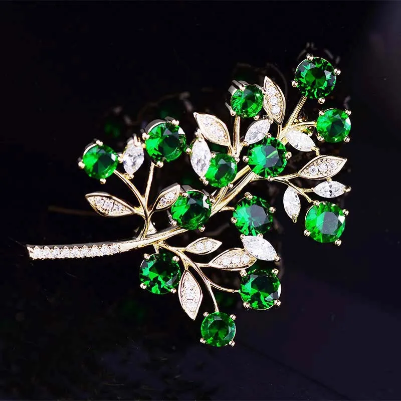 

Copper Inlaid Zircon Corsage Imitation Emerald Branch Brooch Elegant Atmosphere Plant Clothing Pin Coat Coat Corsage Accessories