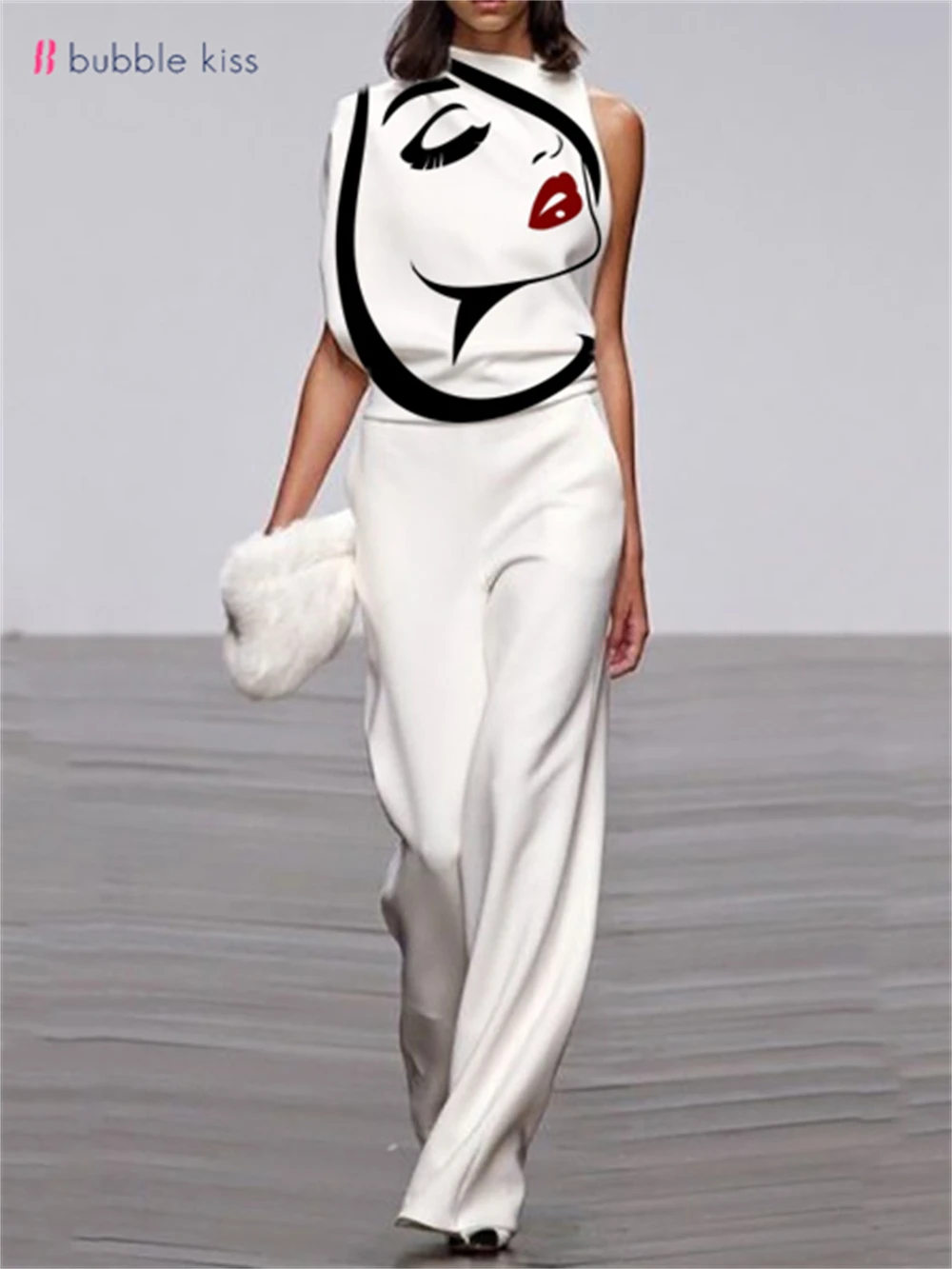 BubbleKiss Summer Fashion Women Jumpsuit Human Head Abstract Print Wide Leg Pants Elegant Office Lady Female Jumpsuit