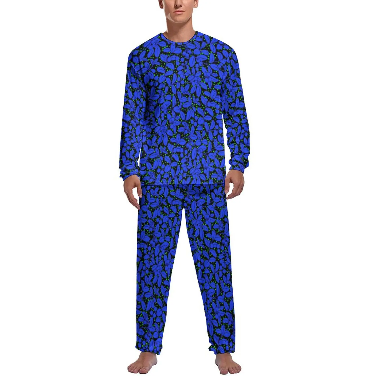 

Blue Plant Pajamas Man Leaves Print Elegant Sleepwear Spring Long Sleeves 2 Pieces Sleep Graphic Pajamas Set