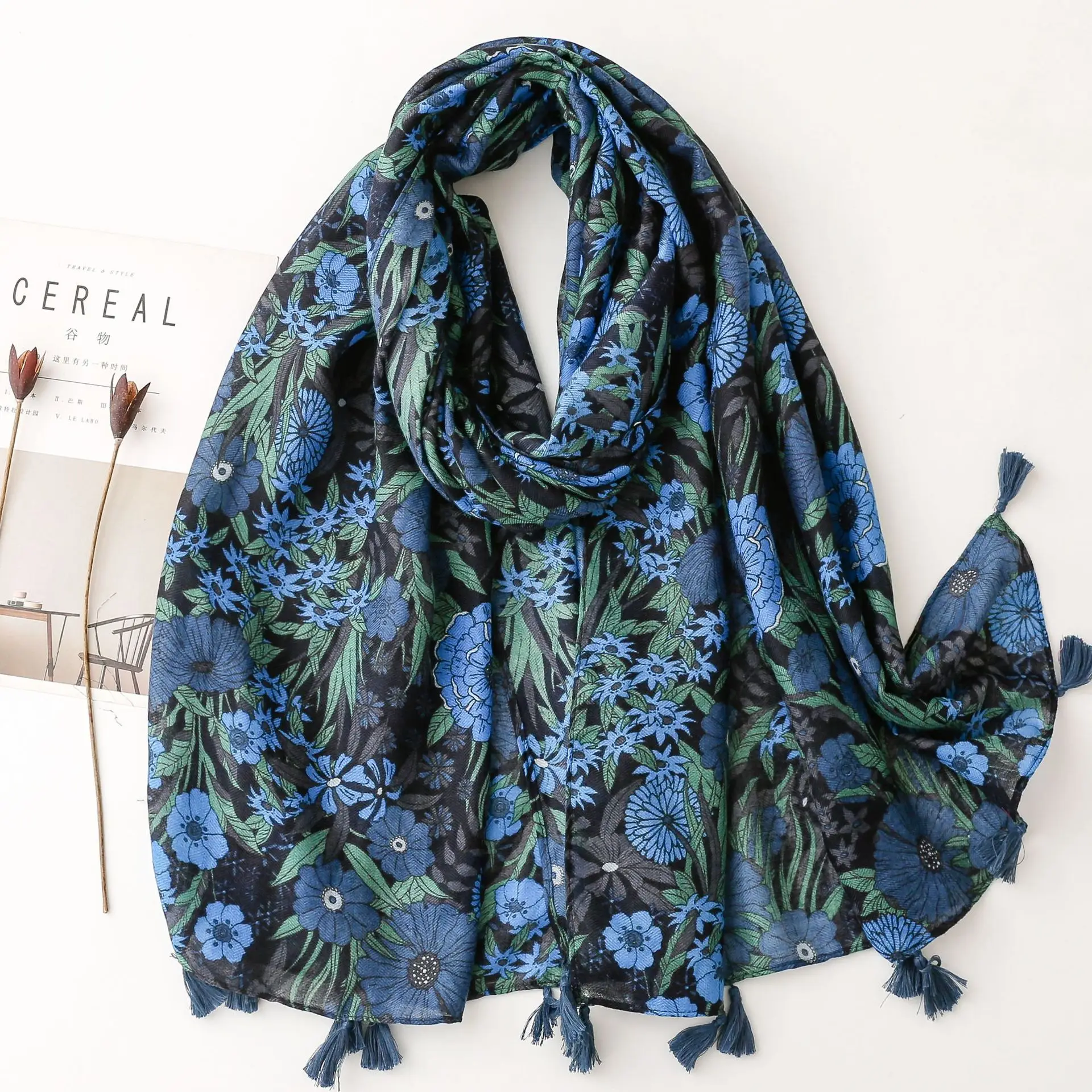 Красивый зимний длинный шарф в богемном стиле бандана шаль хиджаб с кисточками