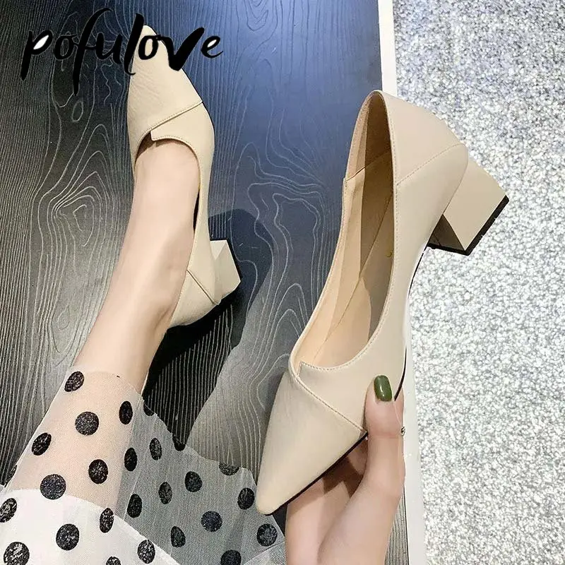 

Pofulove Women's Thick Heel Pointed Toe Single Shoe Soft Leather Comfortable Versatile Elegant High Heels Dropshipping Wholesale