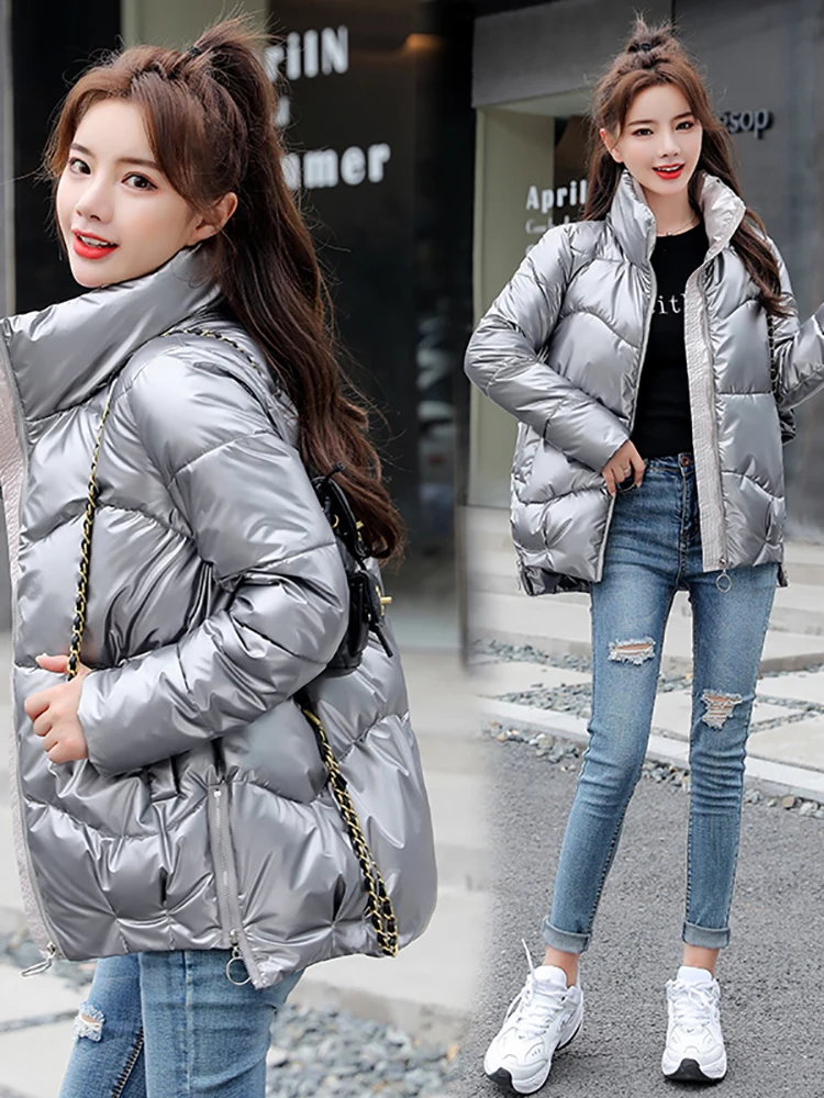 Light-reflecting Jacket Women Winter Warm Bread Parka Short Padded Casual Thick Stand-callor Oversized Cotton Coat Femme Parkas
