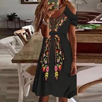 midi dress attractive soft texture short sleeve retro flower print lady elegant dress for daily wear women dress women dress