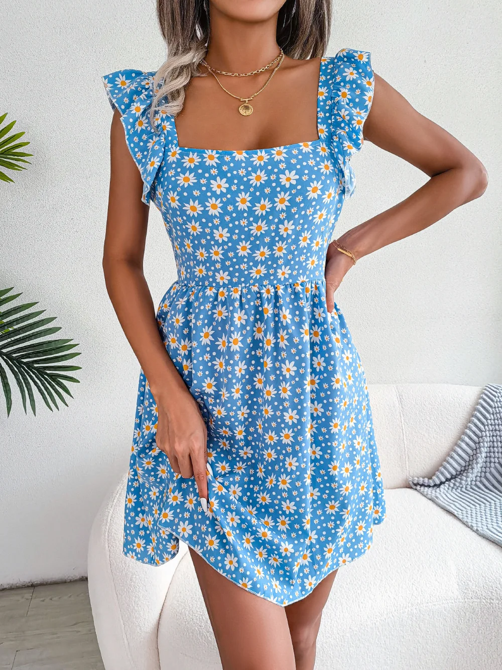 

2023 Summer new elegant casual dress,sexy backless lace up daisy print casual holiday dress women's wear