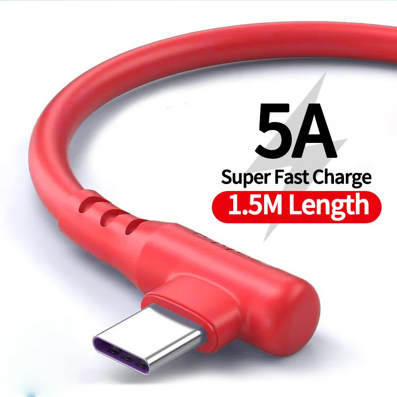 

5A 40W Fast Charging Cable USB Type C for Huawei P40 P30 Pro Nova 7 USB-C Phone Charger 90 Degree Elbow Data Cord 1.5M