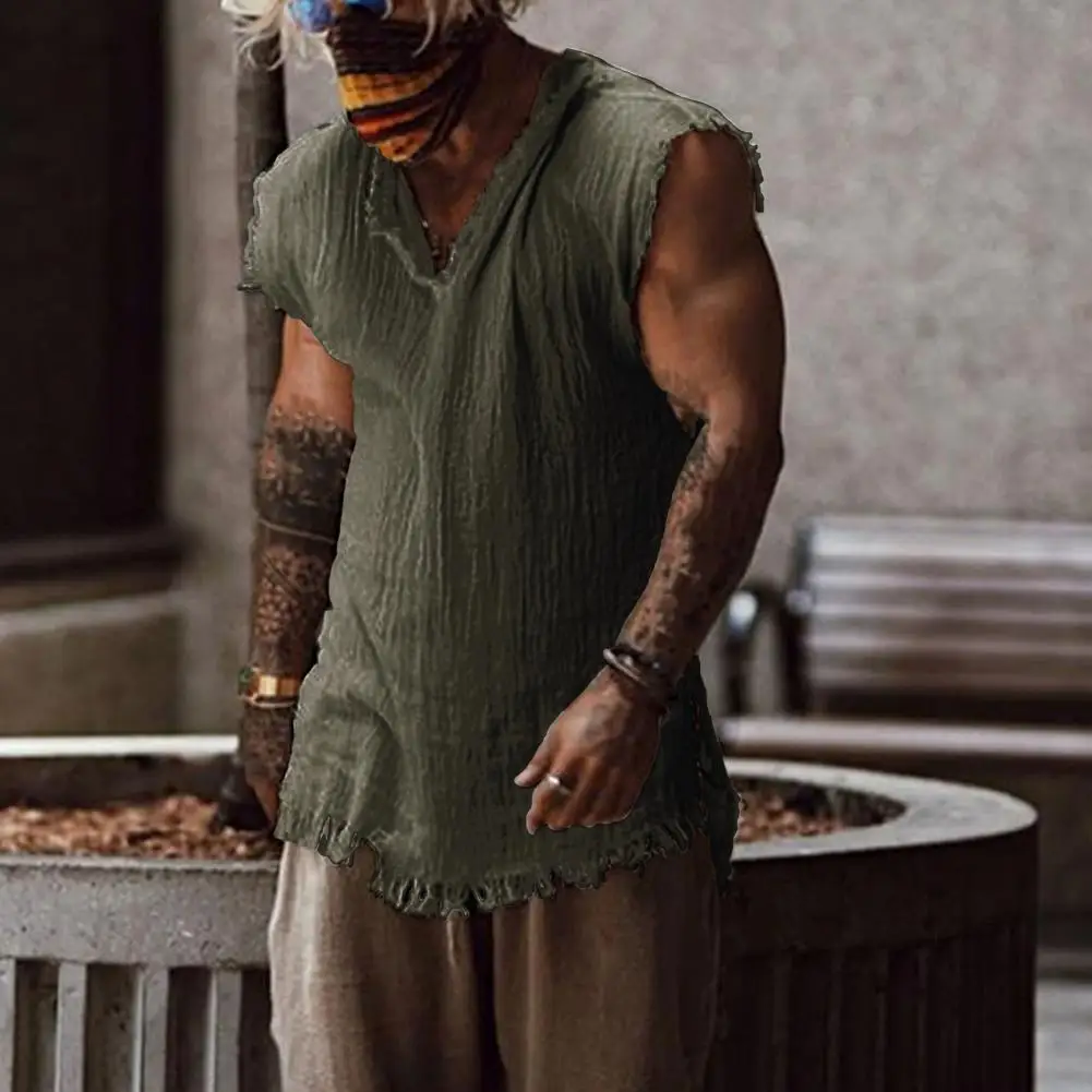 

Stylish Men Vest Solid Color Thin Ripped Edge Sleeveless Pullover Tank Top