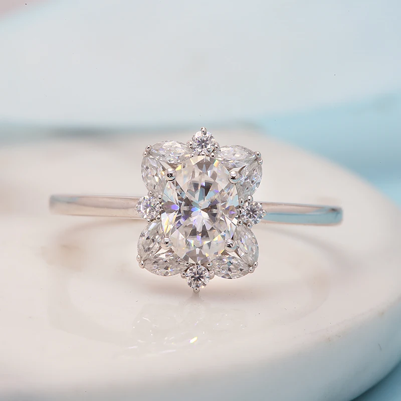 Real 14K Gold Center 2.0ct Oval Cut Moissanite D VVS Engagement Rings for Women Anniversary Gift