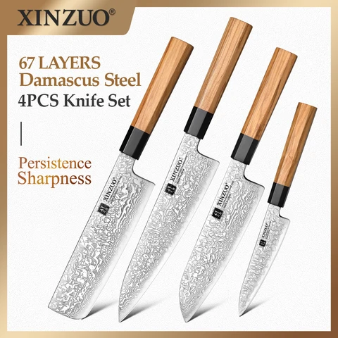 Набор кухонных ножей XINZUO, 4 шт., универсальный поварской нож накири сантоку, кухонный нож из дамасской стали, прочный многофункциональный нож