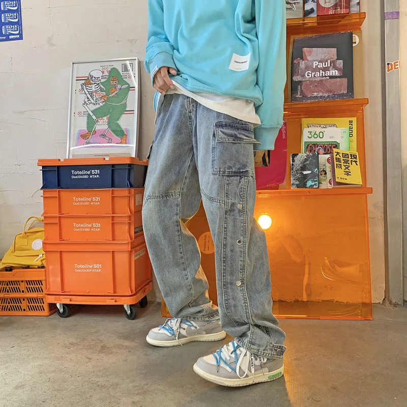 Fashion High Street Washed Jeans Men's Vintage Loose Spring Hong Kong Style Street HIP HOP Straight Casual Pants Men Clothing