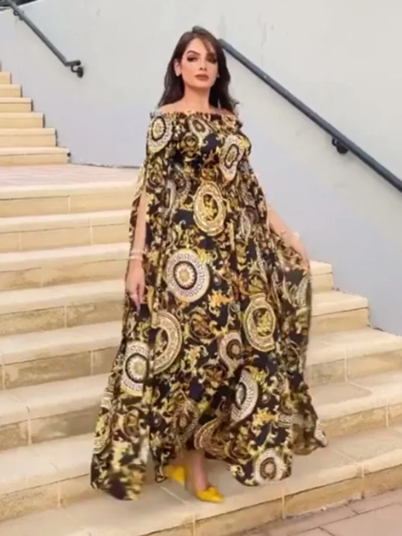 Turkey Muslim Party Dress Gold Print Abaya Dresses Women 2023 Eid High Street Luruxy Evening Dress with Cloak Robes Vestidos