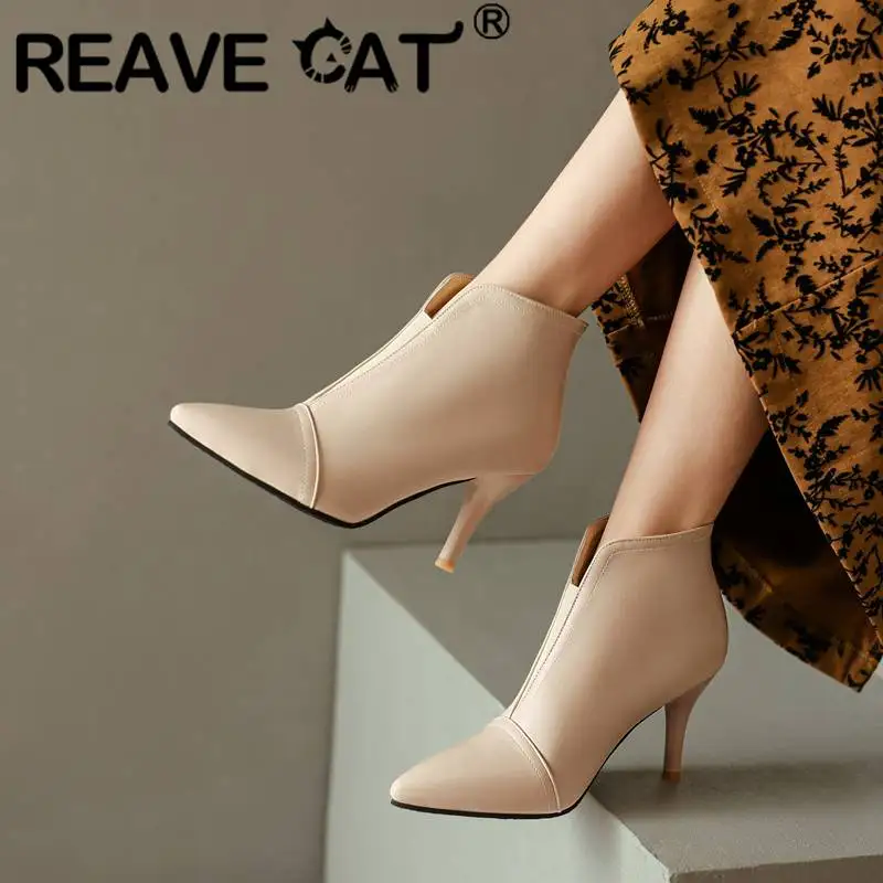 

REAVE CAT 2022 Womens Ankle Boots Pointed Toe Thin High Heel 8cm Slip-on Big Size 34-48 Solid Elegant Dating Fashion Shoes S4259