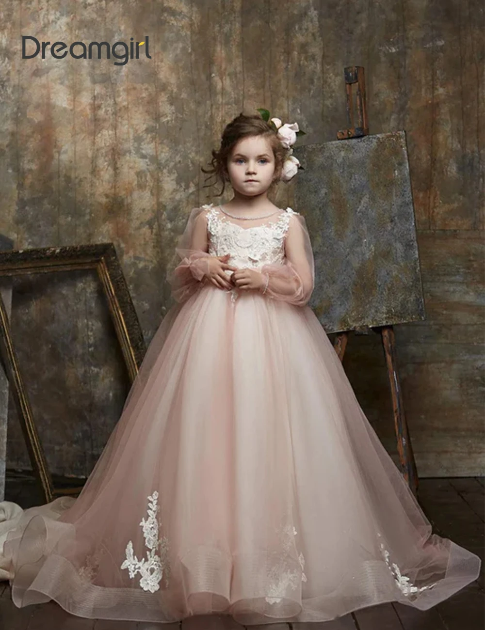 

Flower Girl Dresses for Weddings 2023 Long Sleeve Tulle Appliques Princess Dress First Communion Gowns Pageant Dress for Girl