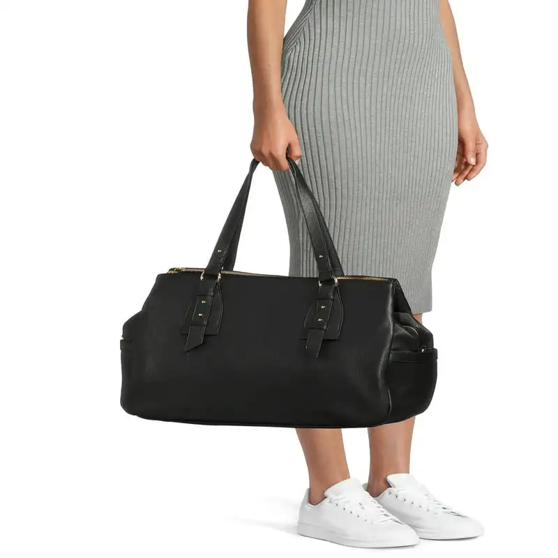 PU Leather Travel Tote Purse. Women's Beautiful Triple-Section Black PU Leather Handbag Cat Travel Tote Purse Weekender Bag.