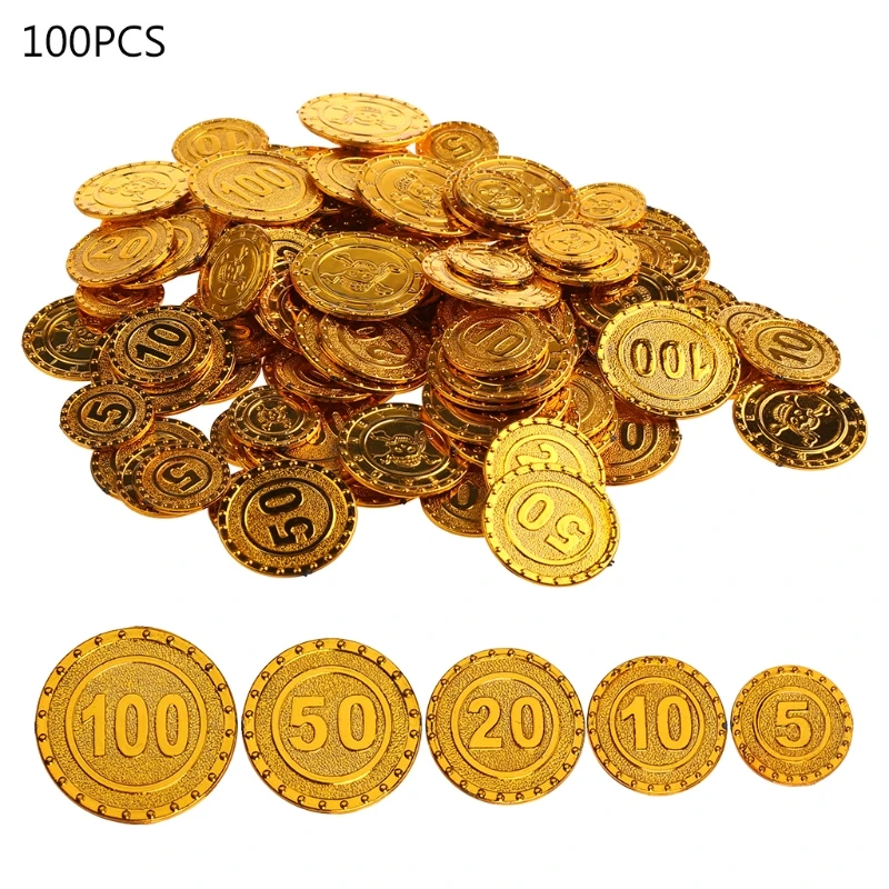 

100pcs Pirates Gold Coins Plastic Game Coin Chip for Party Decoration Child Toy F1FD
