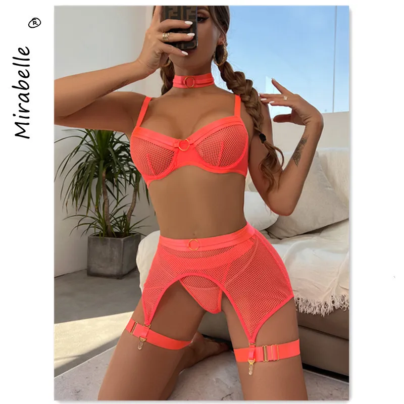 MIRABELLE Neon Orange Lingerie Sexy Mesh Erotic Costumes 4-Piece Exotic Set Underwear Bra and Panty Garters See Through Lingerie