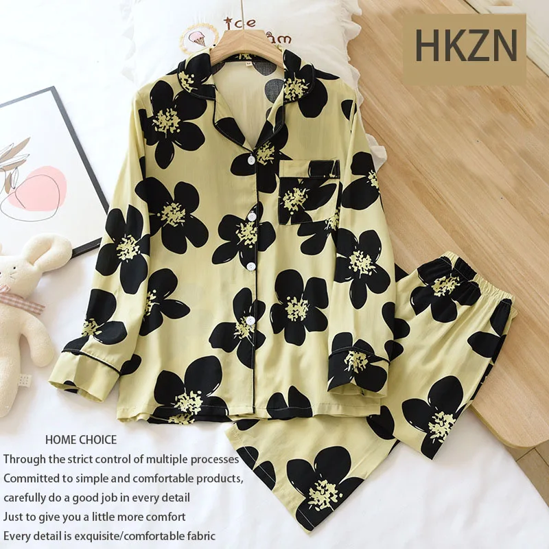 

Женская пижама с длинным рукавом, хлопковая Шелковая пижама для женщин, мягкий Шелковый Цветочный свободный удобный комплект из двух предм...