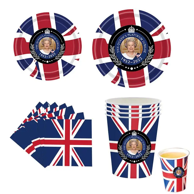 114Pcs Union Jack Tableware Set British Flag Paper Dinnerware Set Union Jack Tablecloth/Plates/Cups/Napkins/Bunting