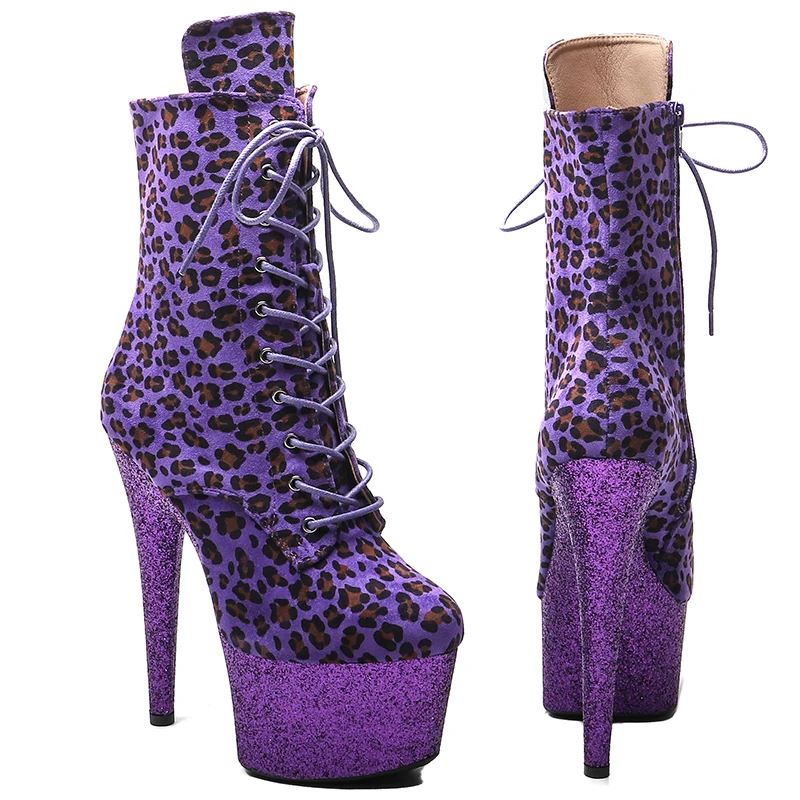 Leecabe 7inch/17CM  Leopard Upper with glitter High Heel platform Boots closed toe Pole Dance boot