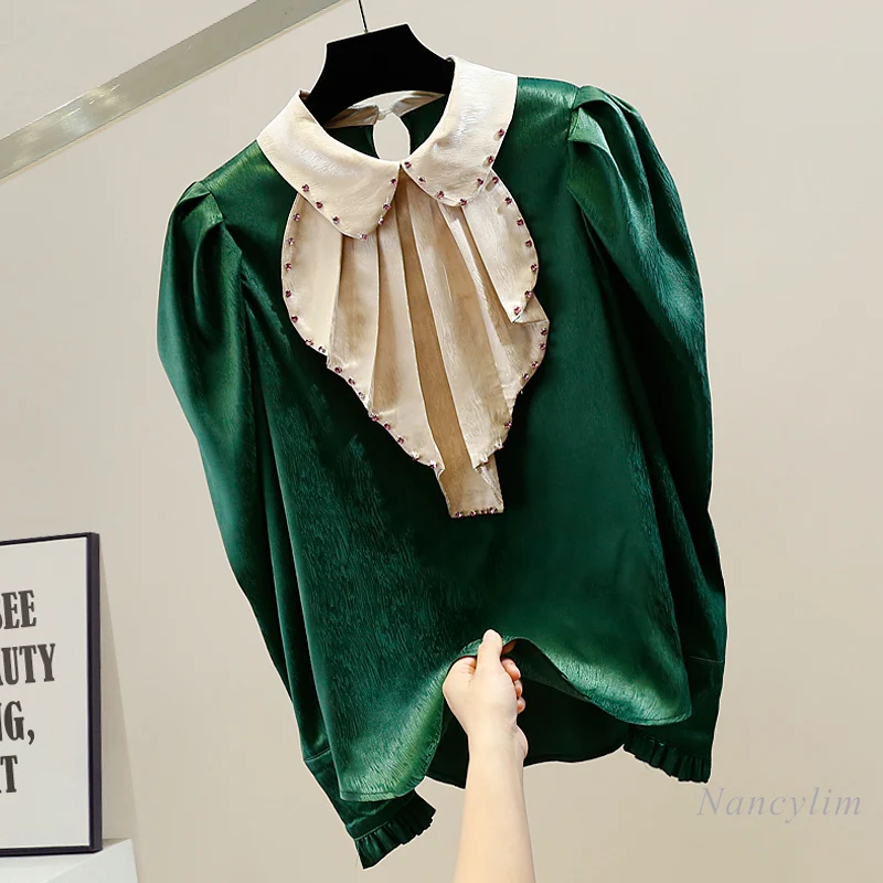 

Модная женская блузка на весну 2022, ретро Топ контрастных цветов с плиссированными оборками и стразами, универсальная стройнящая рубашка с п...