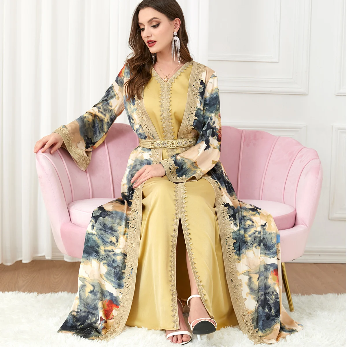 

Muslin Kaftan Abaya Fashion Women Robe Patchwork Muslim Two-piece Dress Muslim Suit Women's Fashion Dubai 2023 Women Clothing